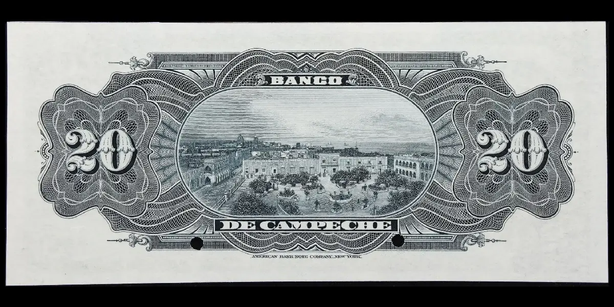 Billete de 20 pesos del Banco de Campeche especimen en blanco y negro reverso