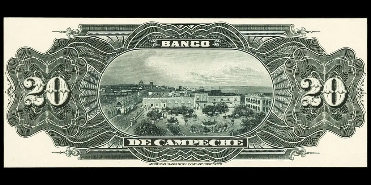 Billete de 20 pesos del Banco de Campeche de prueba unifacial a color reverso