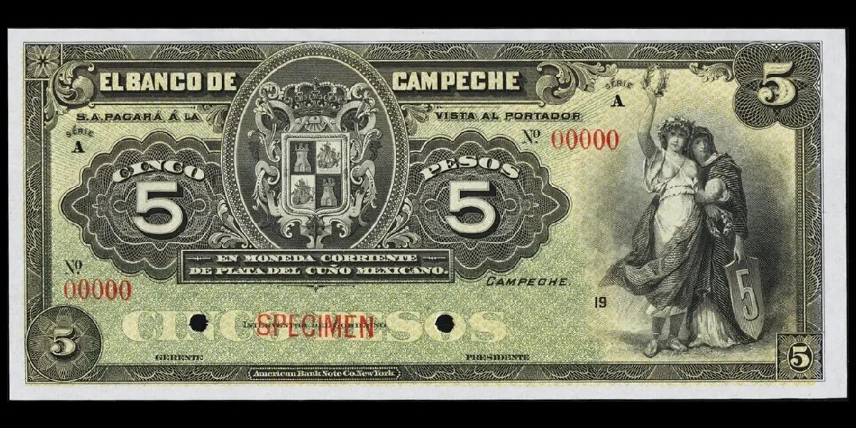 Billete de 5 pesos del Banco de Campeche espécimen con Serie A anverso