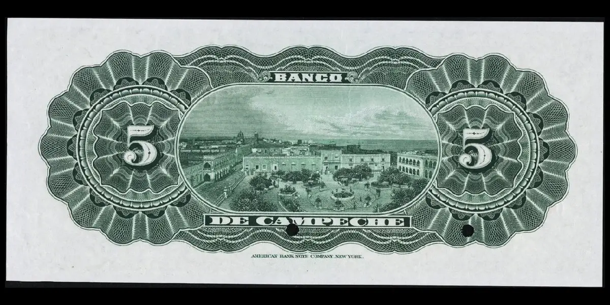Billete de 5 pesos del Banco de Campeche espécimen con Serie A reverso