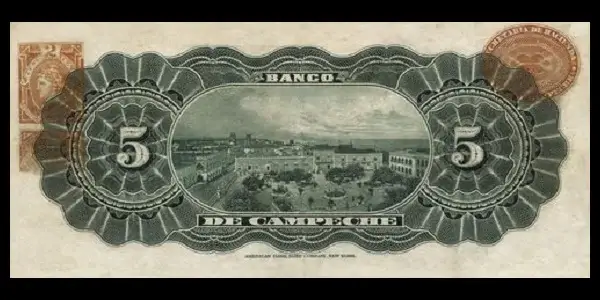 Billete de 5 pesos del Banco de Campeche reverso