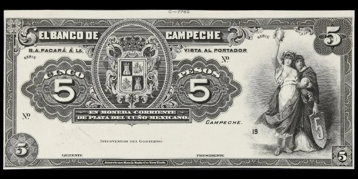 Billete de 5 pesos del Banco de Campeche de prueba unifacial en blanco y negro anverso