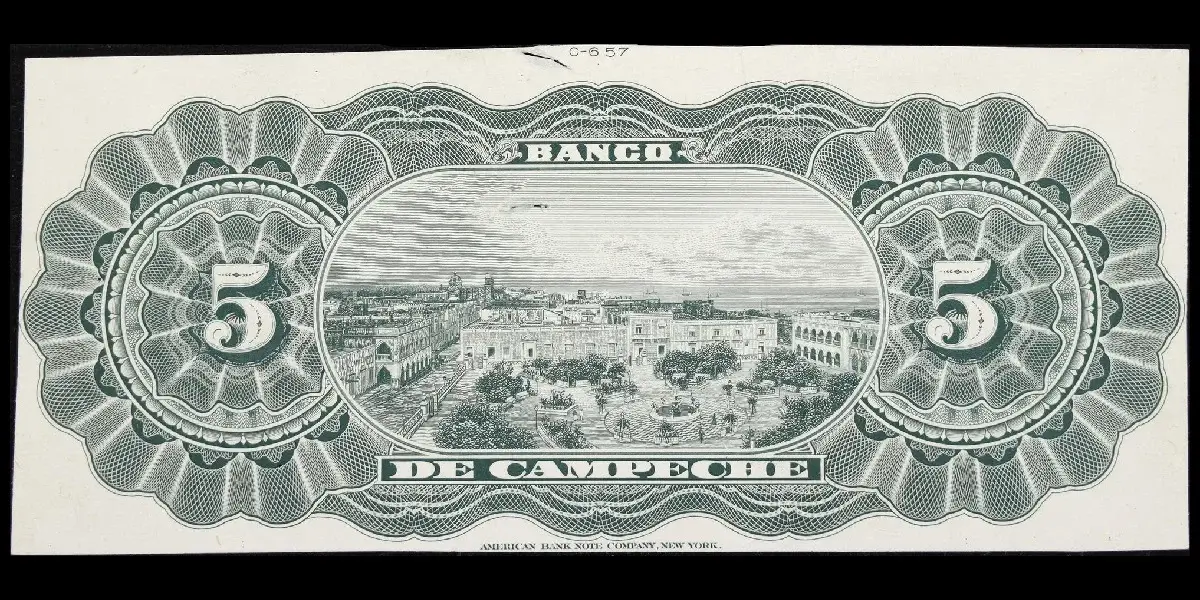 Billete de 5 pesos del Banco de Campeche de prueba unifacial en blanco y negro reverso