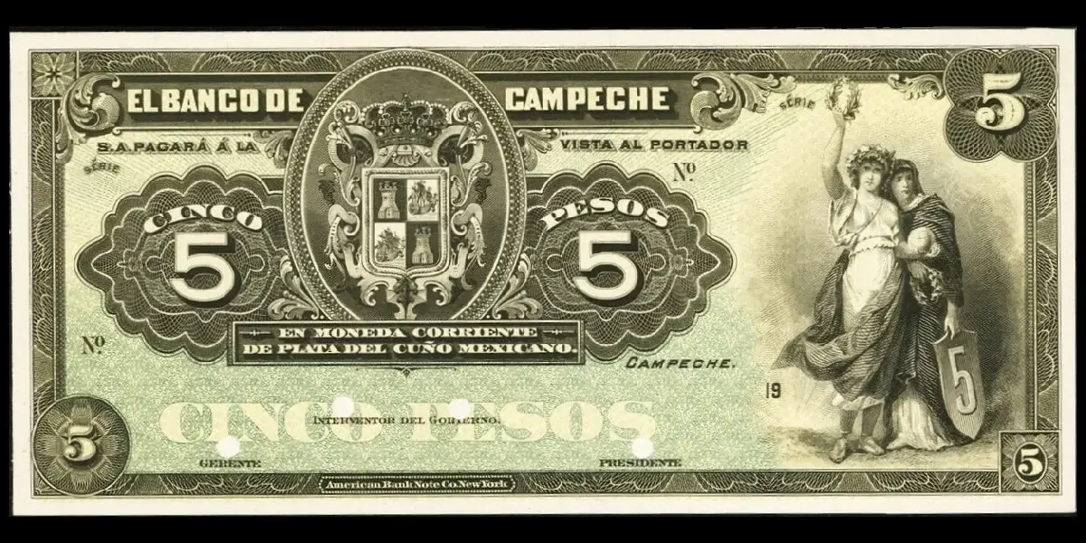 Billete de 5 pesos del Banco de Campeche de prueba unifacial a color anverso