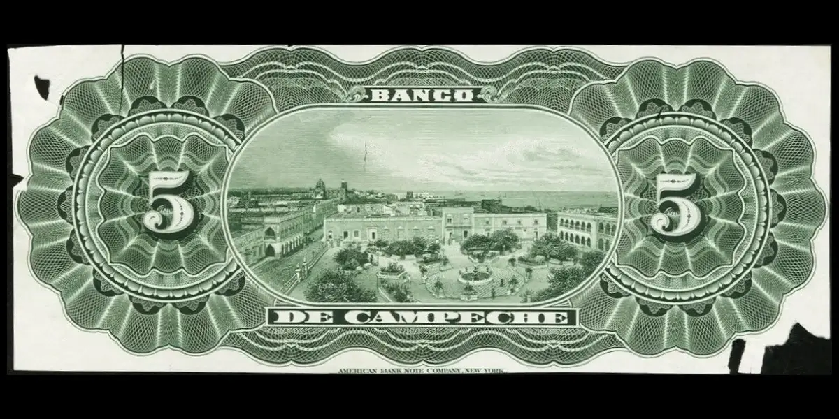 Billete de 5 pesos del Banco de Campeche de prueba unifacial a color reverso