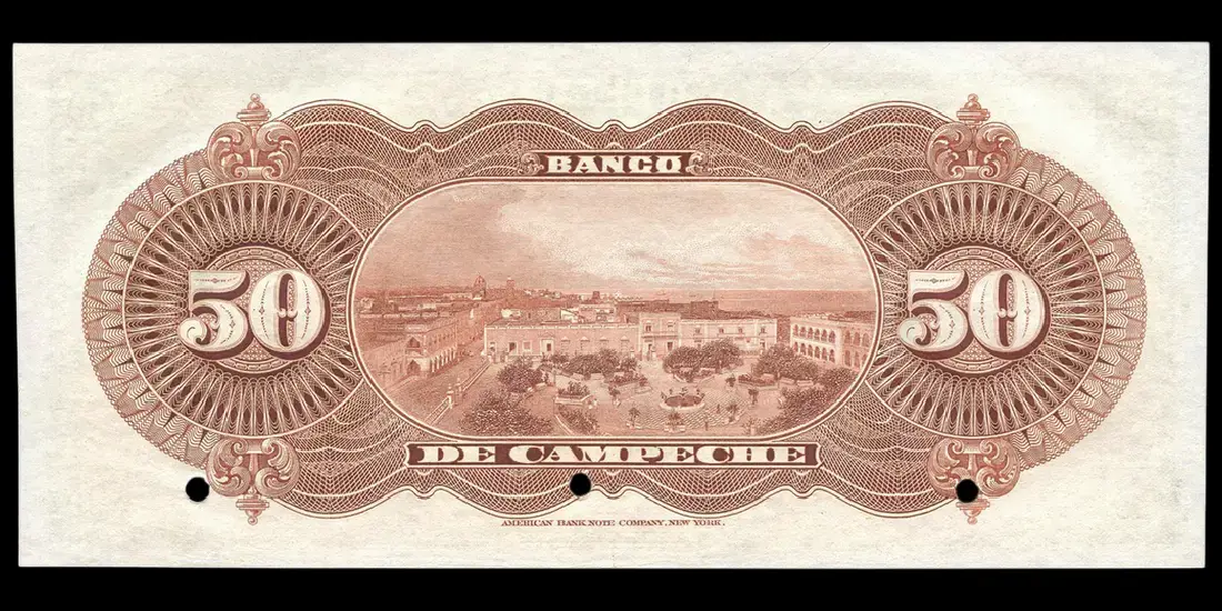 Billete de 50 pesos del Banco de Campeche espécimen reverso