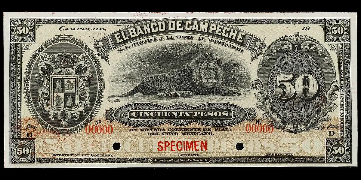 Billete de 50 pesos del Banco de Campeche espécimen con Serie D anverso