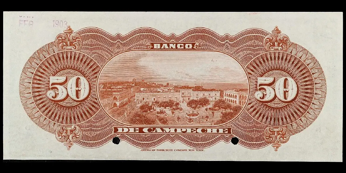 Billete de 50 pesos del Banco de Campeche espécimen con Serie D reverso