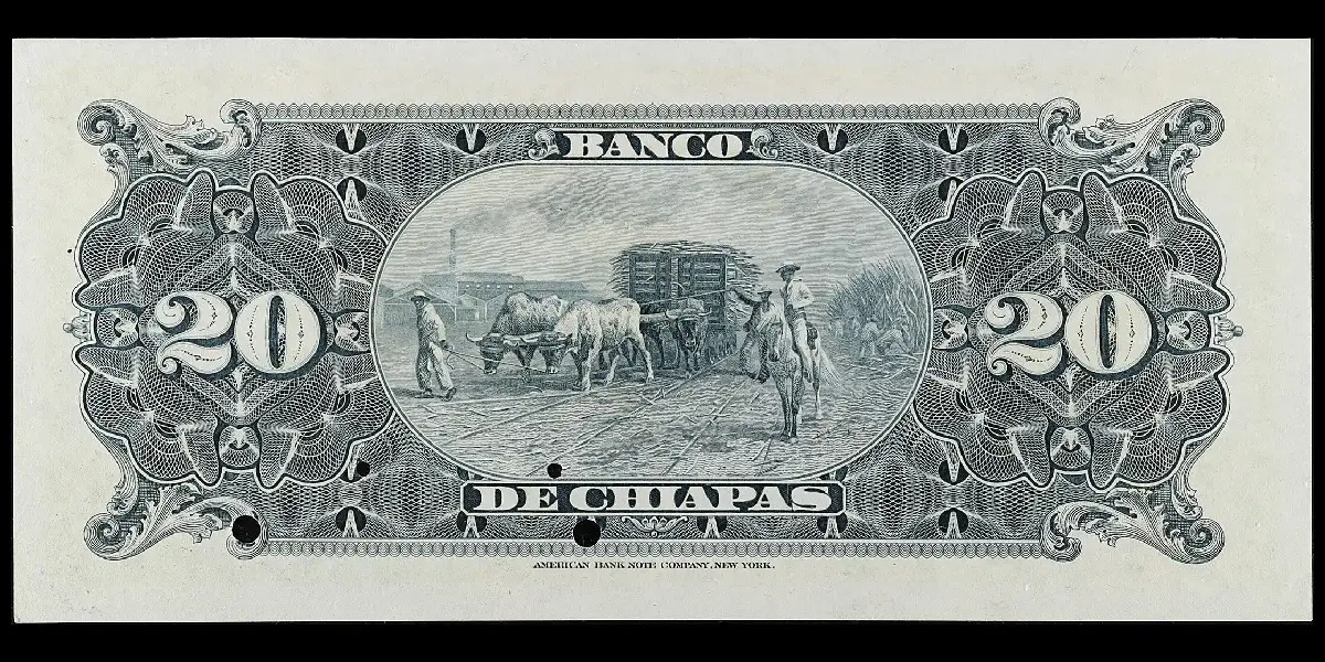 Billete de 20 pesos del Banco de Chiapas especimen reverso
