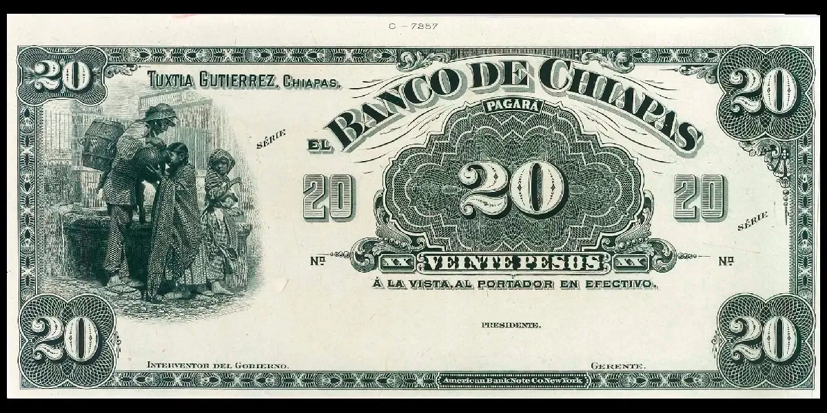 Billete de 20 pesos del Banco de Chiapas de prueba blanco y negro anverso