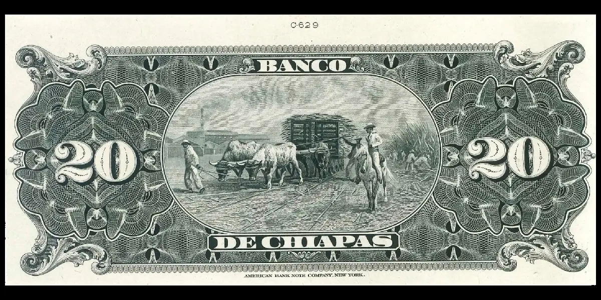 Billete de 20 pesos del Banco de Chiapas de prueba blanco y negro reverso