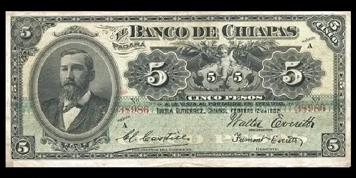 Billete de 5 pesos del Banco de Chiapas anverso