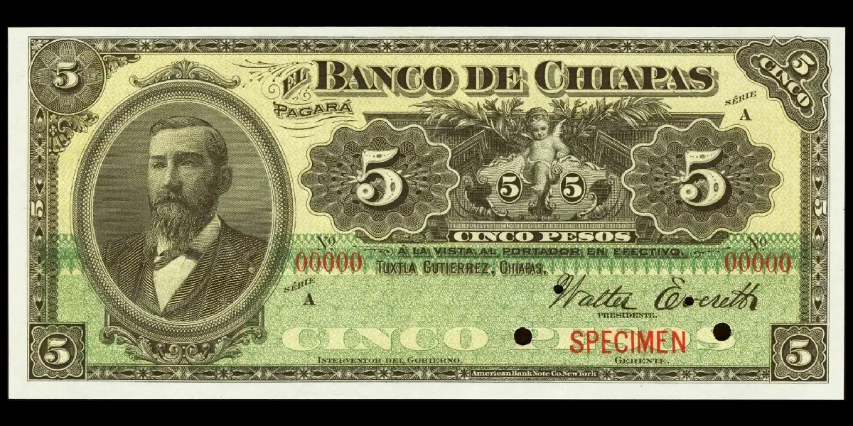 Billete de 5 pesos del Banco de Chiapas