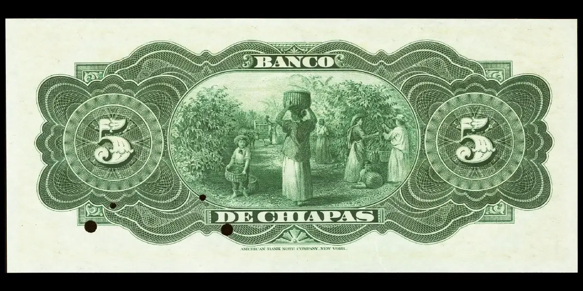Billete de 5 pesos del Banco de Chiapas especimen reverso