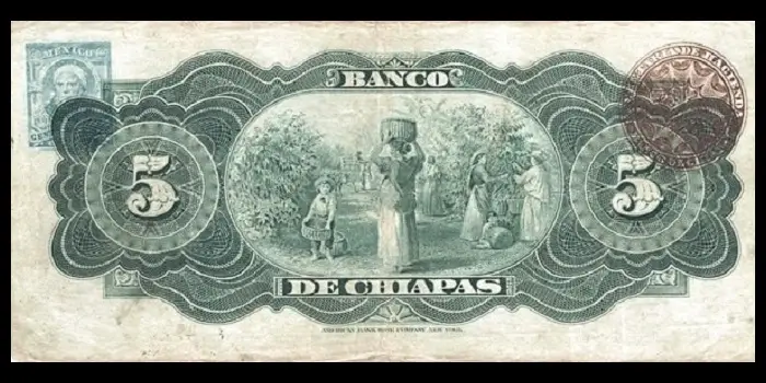 Billete de 5 pesos del Banco de Chiapas reverso