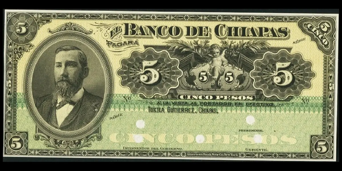 Billete de 5 pesos del Banco de Chiapas de prueba unifacial a color anverso