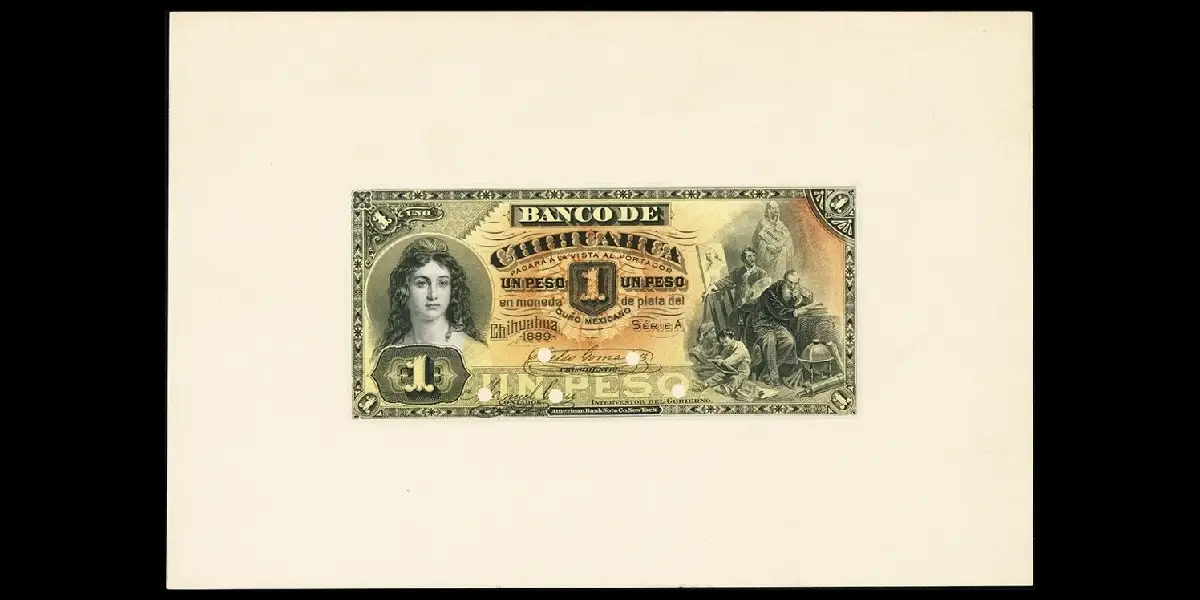 Hoja de impresión completa del billete de 1 peso del Banco de Chihuahua segunda emisión anverso
