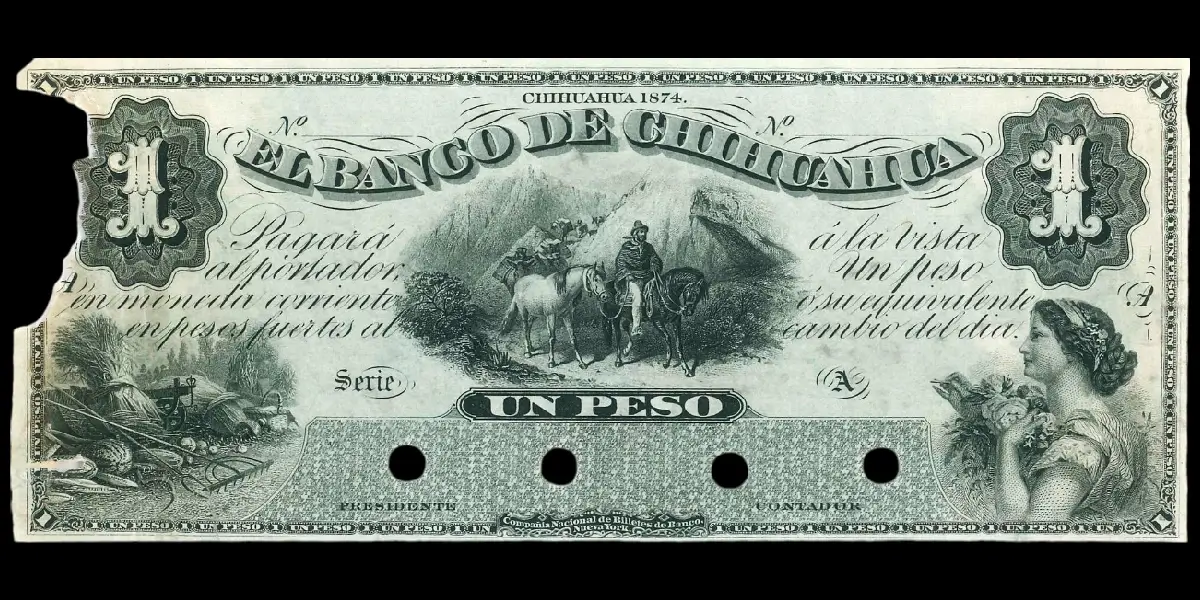 Billete de 1 peso del Banco de Chihuahua primera emisión de prueba anverso