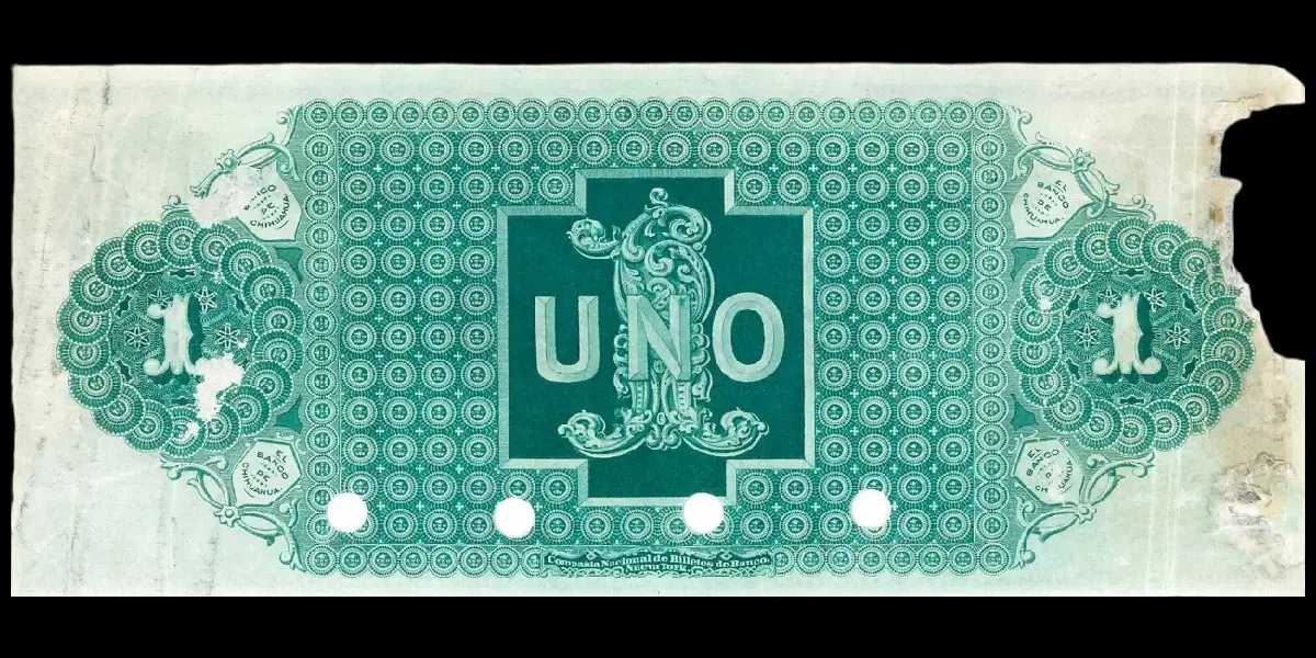 Billete de 1 peso del Banco de Chihuahua primera emisión de prueba reverso