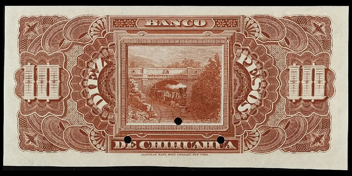 Billete de 10 pesos del Banco de Chihuahua espécimen reverso