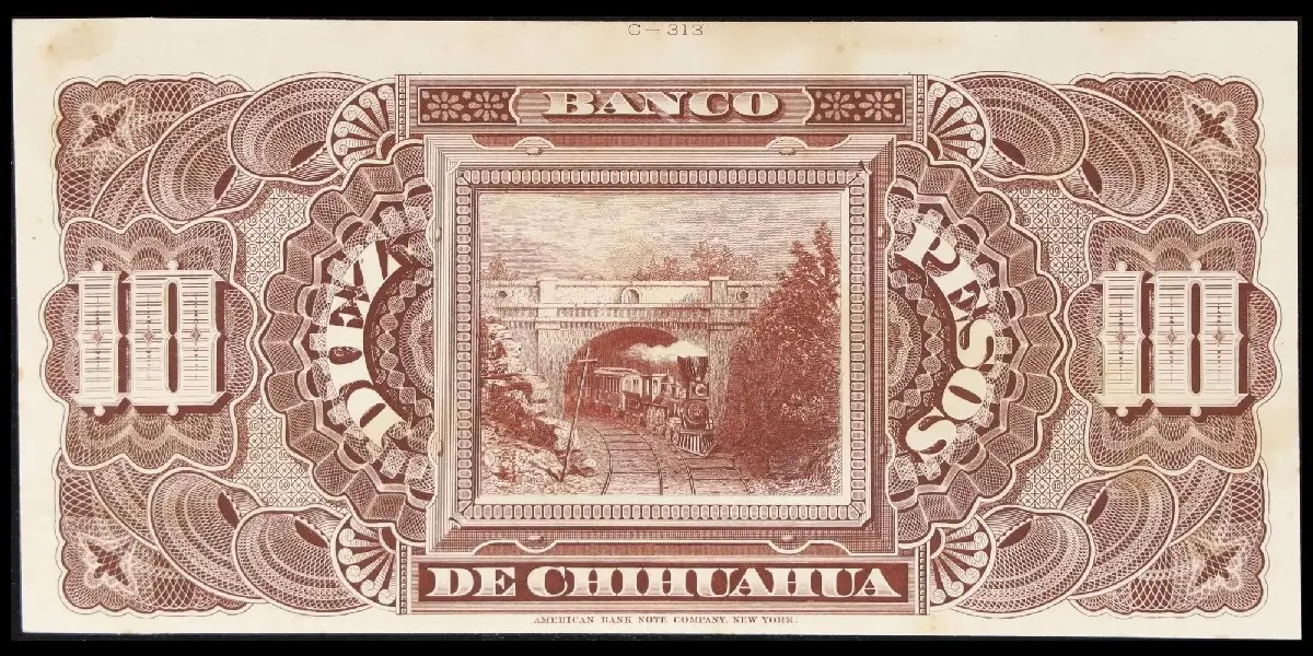 Billete de 10 pesos del Banco de Chihuahua de prueba unifacial reverso