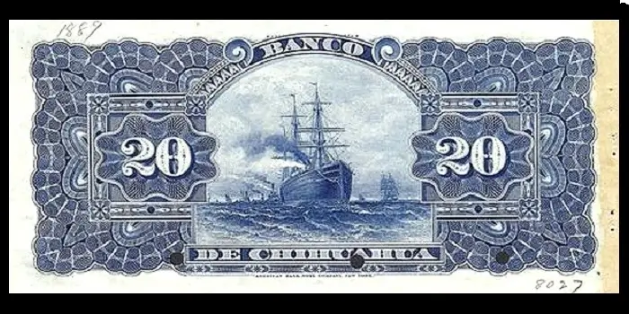 Billete de 20 pesos del Banco de Chihuahua espécimen reverso