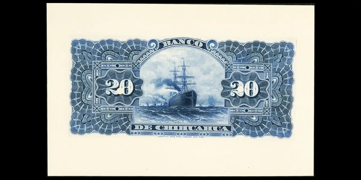 Hoja de impresión completa del billete de 20 pesos del Banco de Chihuahua reverso