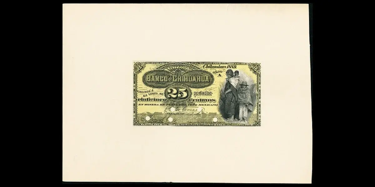 Hoja de impresión completa del billete de 25 centavos del Banco de Chihuahua segunda emisión anverso