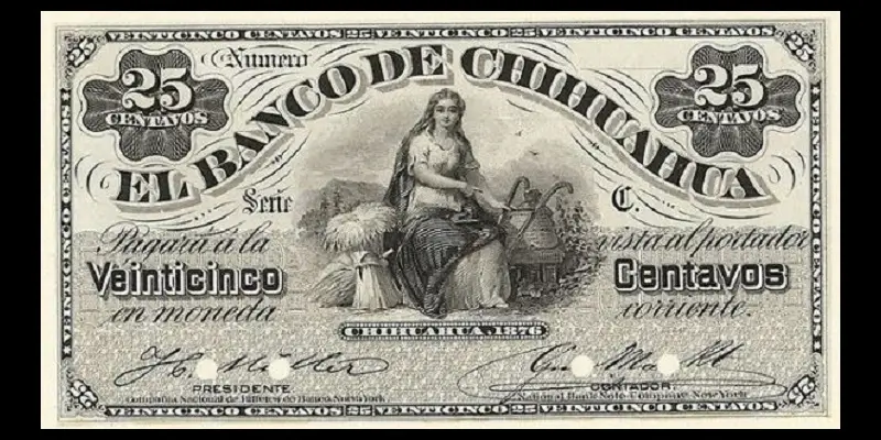 Billete de 25 centavos del Banco de Chihuahua primera emisión anverso