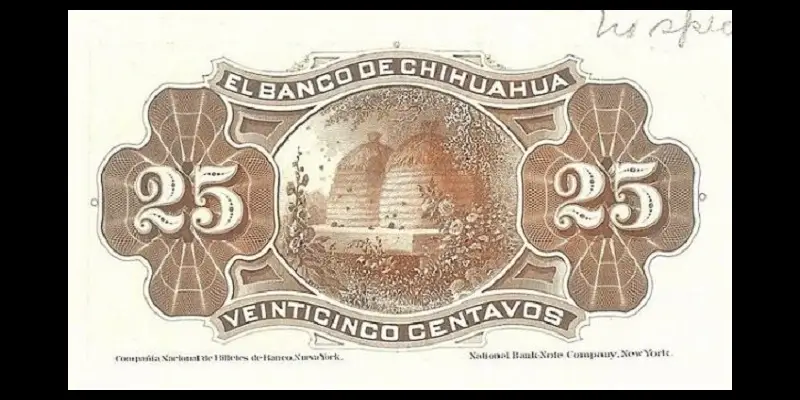 Billete de 25 centavos del Banco de Chihuahua primera emisión reverso