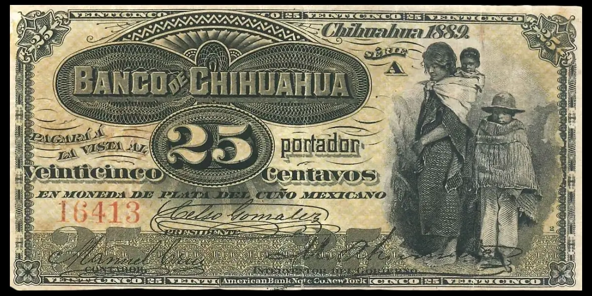 Billete de 25 centavos del Banco de Chihuahua segunda emisión anverso