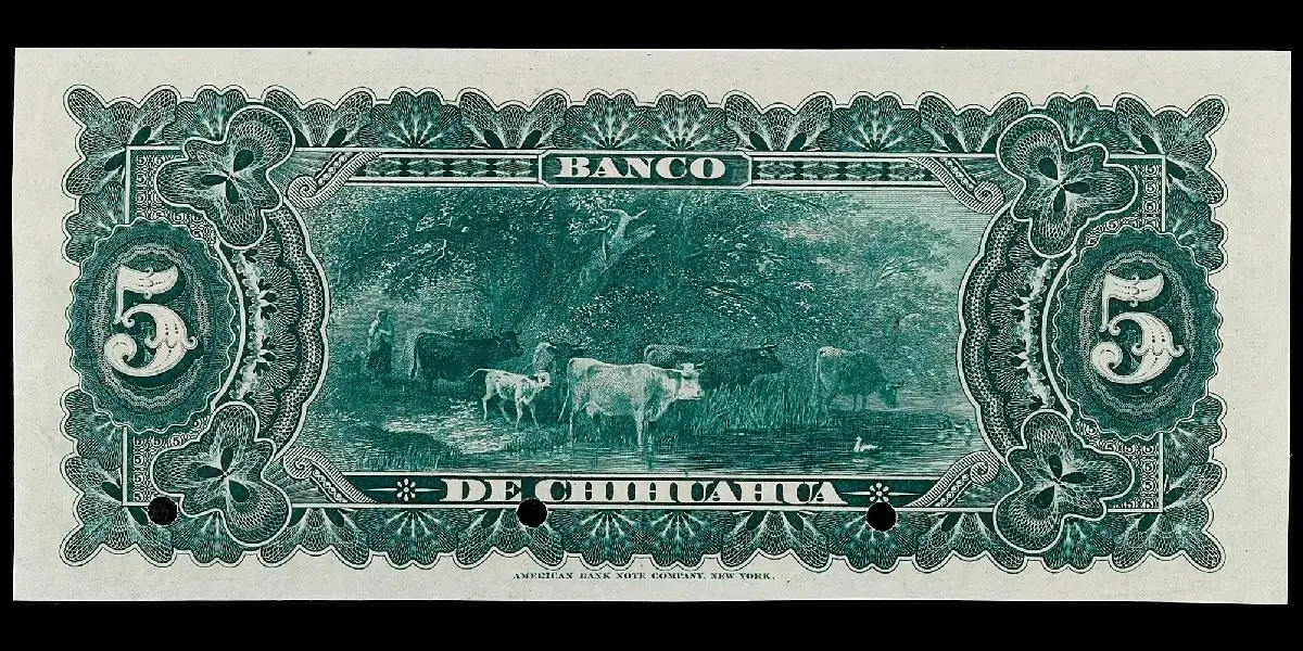 Billete de 5 pesos del Banco de Chihuahua espécimen reverso