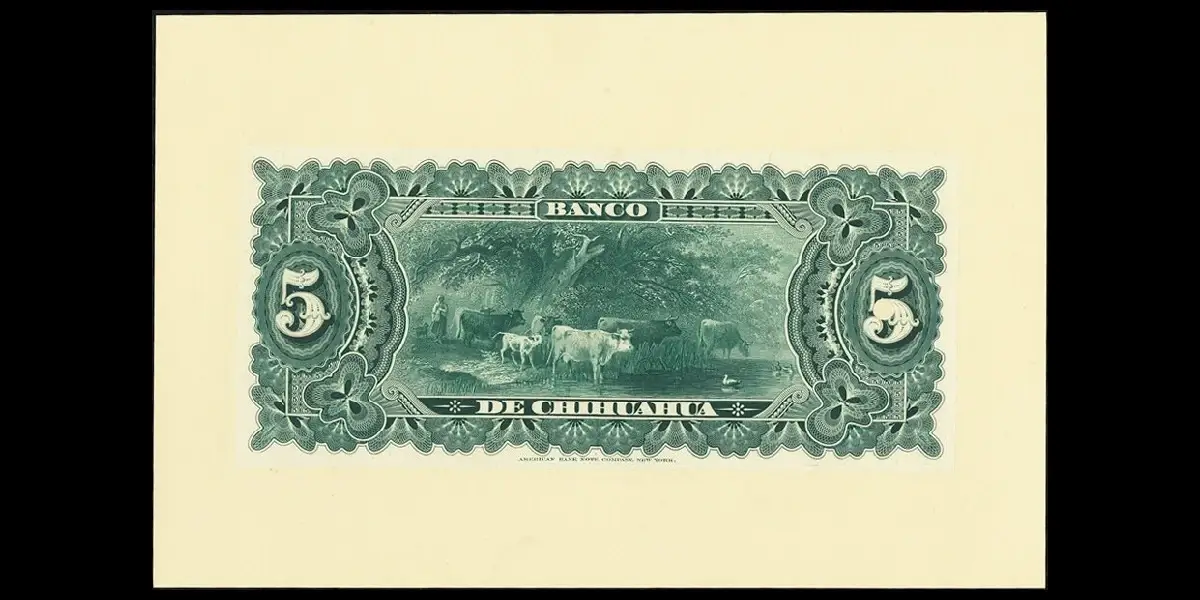 Hoja de impresión completa del billete de 5 pesos del Banco de Chihuahua reverso