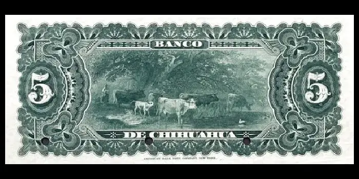 Billete de 5 pesos del Banco de Chihuahua reverso
