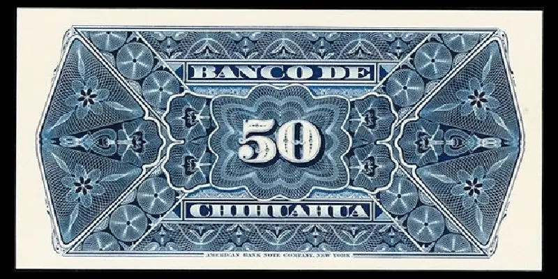 Billete de 50 centavos del Banco de Chihuahua espécimen segunda emisión reverso