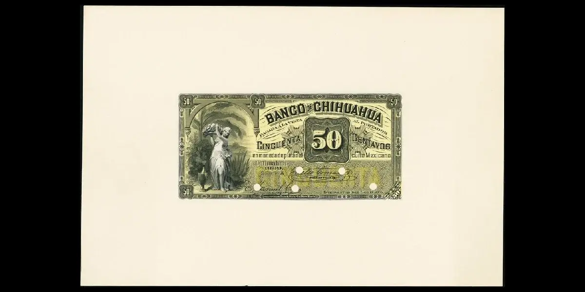 Hoja de impresión completa del billete de 50 centavos del Banco de Chihuahua segunda emisión anverso
