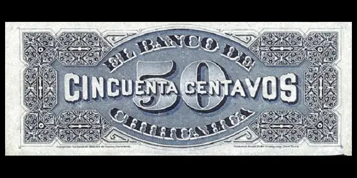 Billete de 50 centavos del Banco de Chihuahua primera emisión reverso