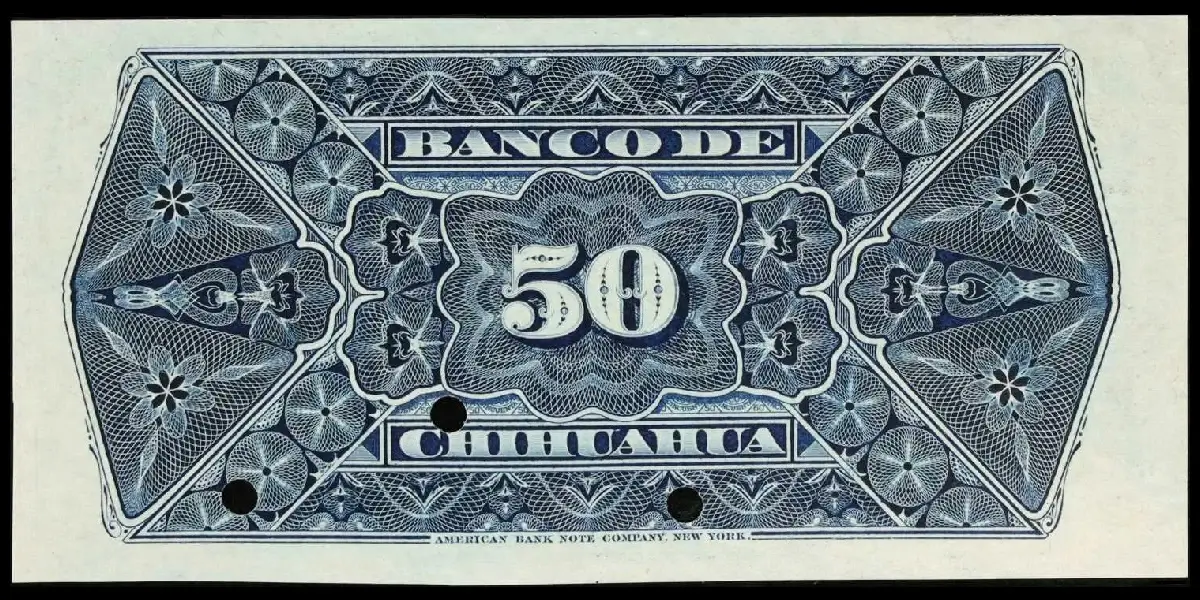 Billete de 50 centavos del Banco de Chihuahua de prueba unifacial a color segunda emisión reverso