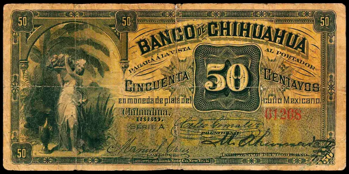 Billete de 50 centavos del Banco de Chihuahua segunda emisión anverso