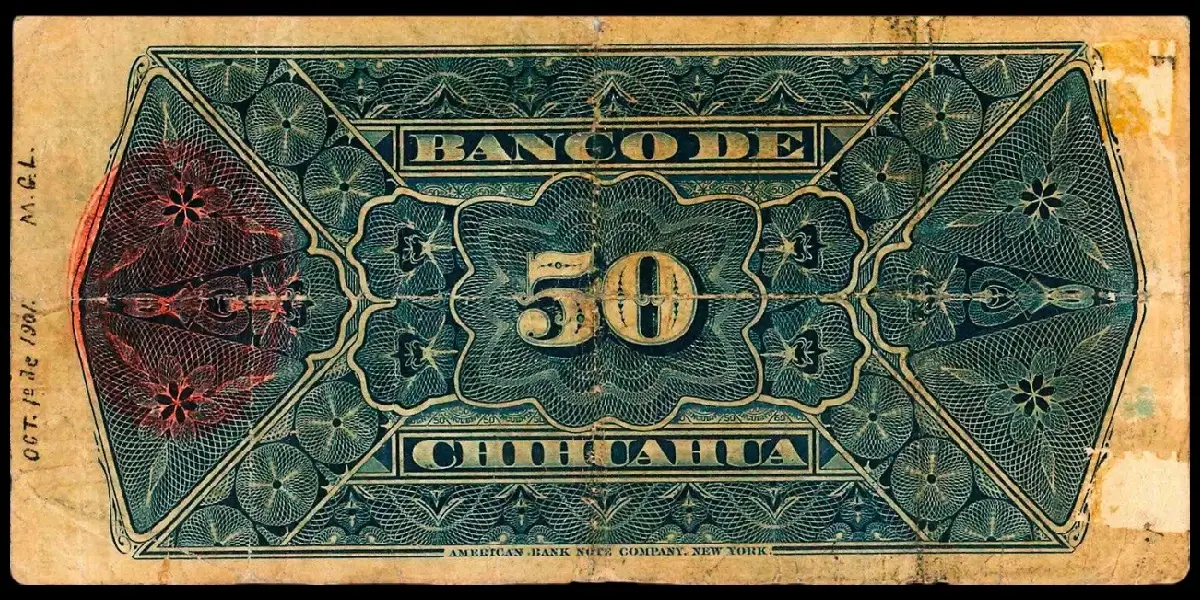 Billete de 50 centavos del Banco de Chihuahua segunda emisión reverso