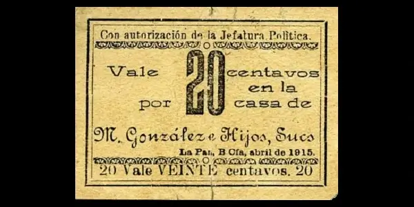 Billete de 20 centavos de la Casa de M. Gonzalez e Hijos, Sucs