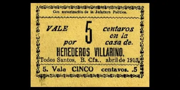 Billete de 5 centavos de la Casa de Herederos Villarino