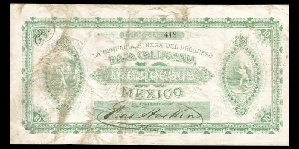 Billete de 10 pesos de La Compañia Minera del Progreso anverso