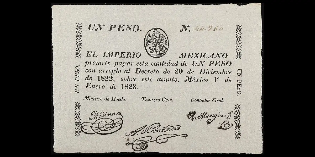 Billete de 1 peso del Imperio Mexicano cancelado por corte anverso
