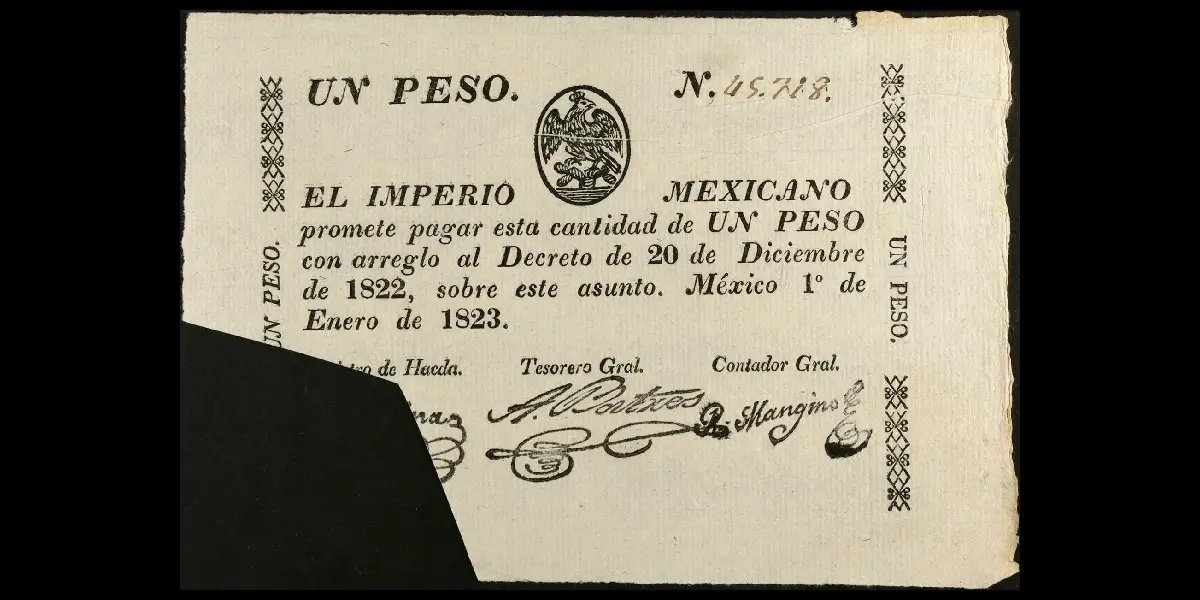 Billete de 1 peso del Imperio Mexicano cancelado por corte completo anverso