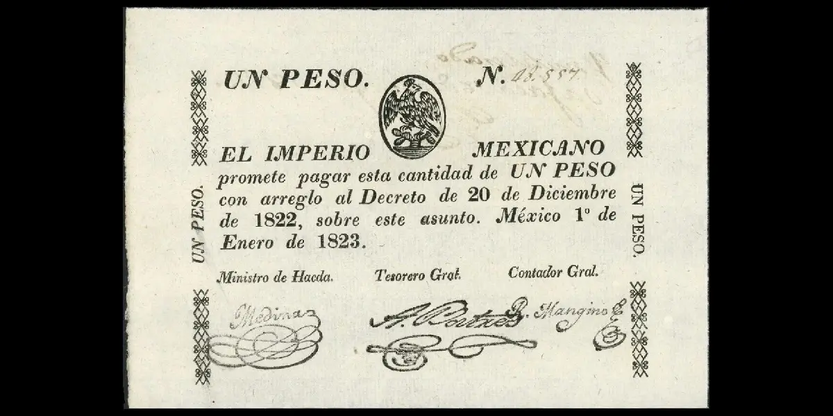 Billete de 1 peso del Imperio Mexicano cancelado con leyenda Inutilizado anverso