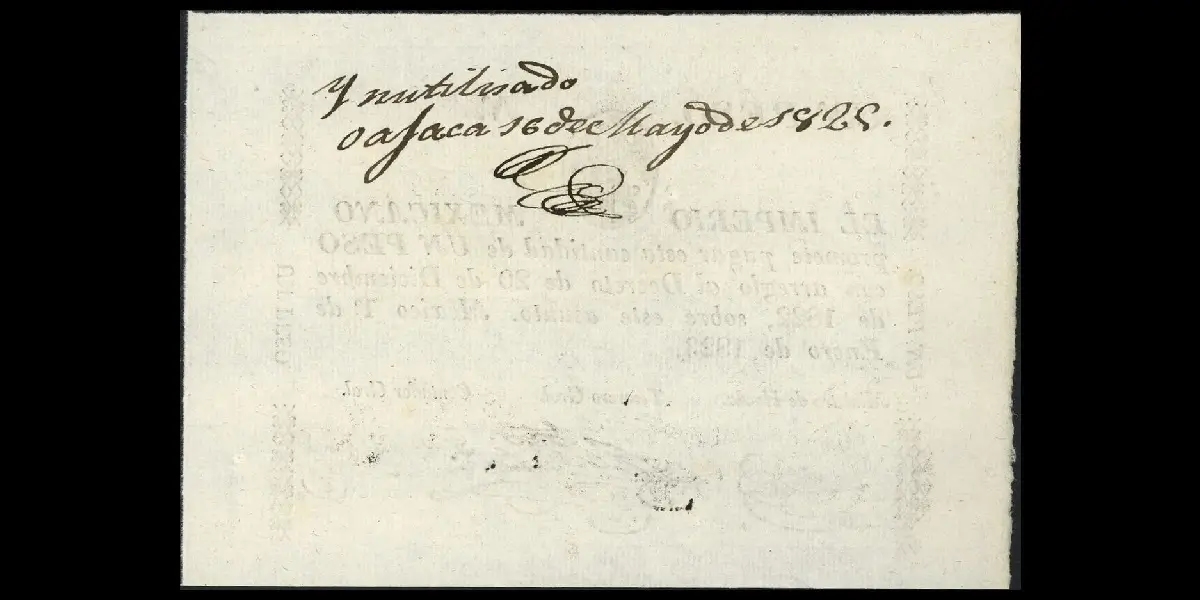 Billete de 1 peso del Imperio Mexicano cancelado con leyenda Inutilizado reverso