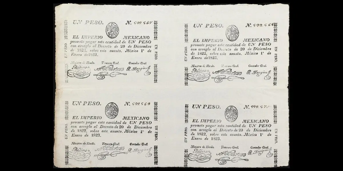 Hoja impresa completa del billete de 2 pesos del Imperio Mexicano anverso