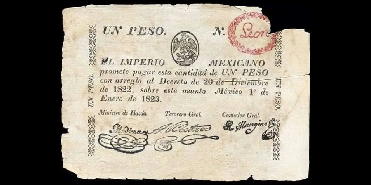 Billete de 1 peso del Imperio Mexicano con sello Leon anverso