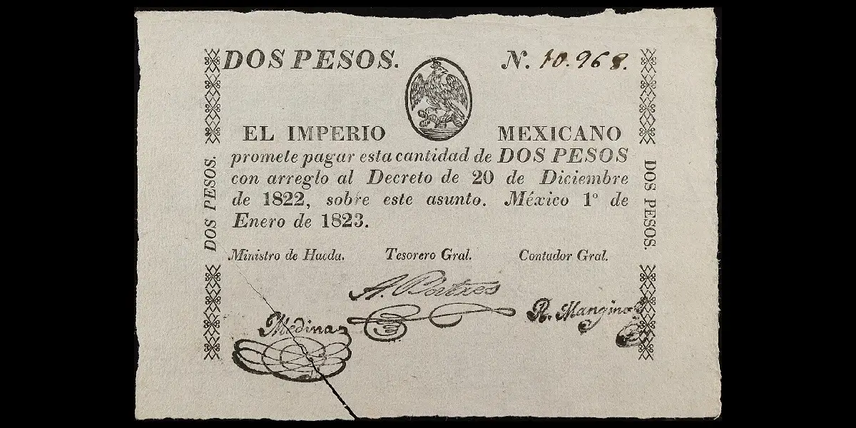 Billete de 2 pesos del Imperio Mexicano cancelado por corte anverso